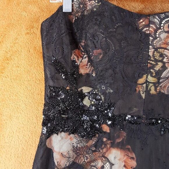 MARCHESA NOTTE Womens Sheath Dress Small Black Strapless Floral Lace Beaded Silk - Picture 4 of 13